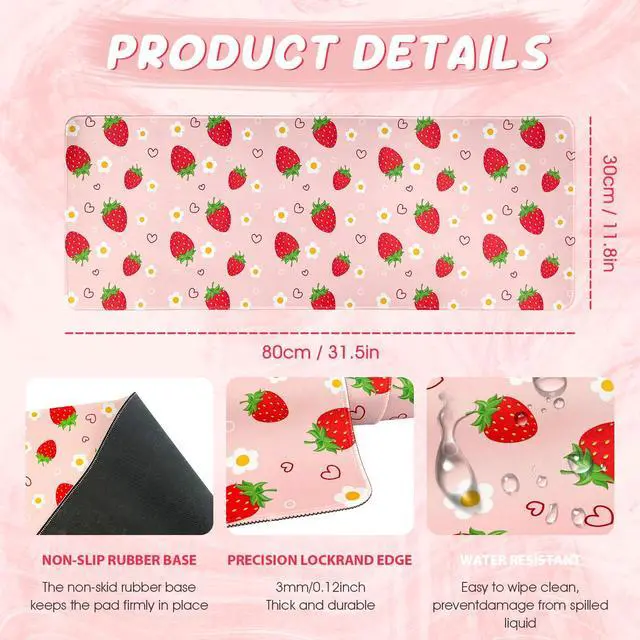 Alt view image 2 of 6 - Pink Mouse Pad, Large Strawberry Desk Mat, Gaming Keyboard and Mouse Pad Non-Slip Rubber Base, Stitched Edge, Cute Girly Office Supplies Desk Accessories Decor for Women 31.5 x 11.8in