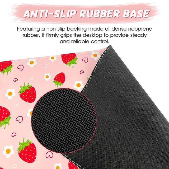 Alt view image 3 of 6 - Pink Mouse Pad, Large Strawberry Desk Mat, Gaming Keyboard and Mouse Pad Non-Slip Rubber Base, Stitched Edge, Cute Girly Office Supplies Desk Accessories Decor for Women 31.5 x 11.8in