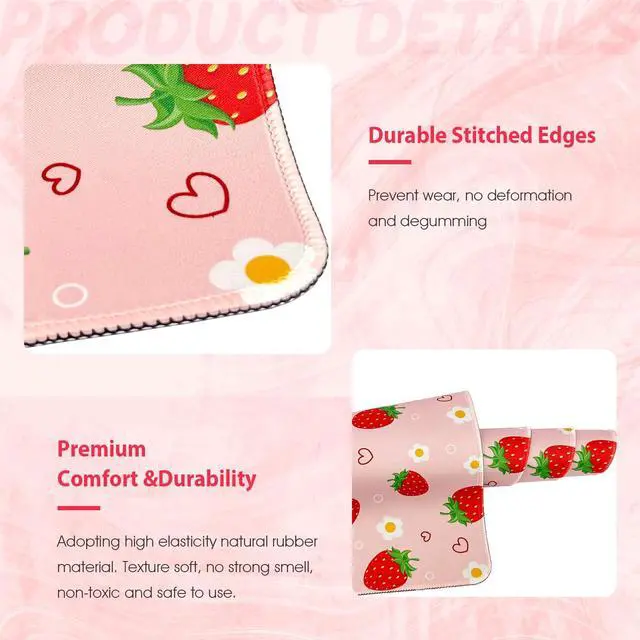 Alt view image 4 of 6 - Pink Mouse Pad, Large Strawberry Desk Mat, Gaming Keyboard and Mouse Pad Non-Slip Rubber Base, Stitched Edge, Cute Girly Office Supplies Desk Accessories Decor for Women 31.5 x 11.8in