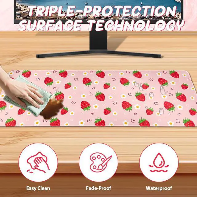Alt view image 5 of 6 - Pink Mouse Pad, Large Strawberry Desk Mat, Gaming Keyboard and Mouse Pad Non-Slip Rubber Base, Stitched Edge, Cute Girly Office Supplies Desk Accessories Decor for Women 31.5 x 11.8in