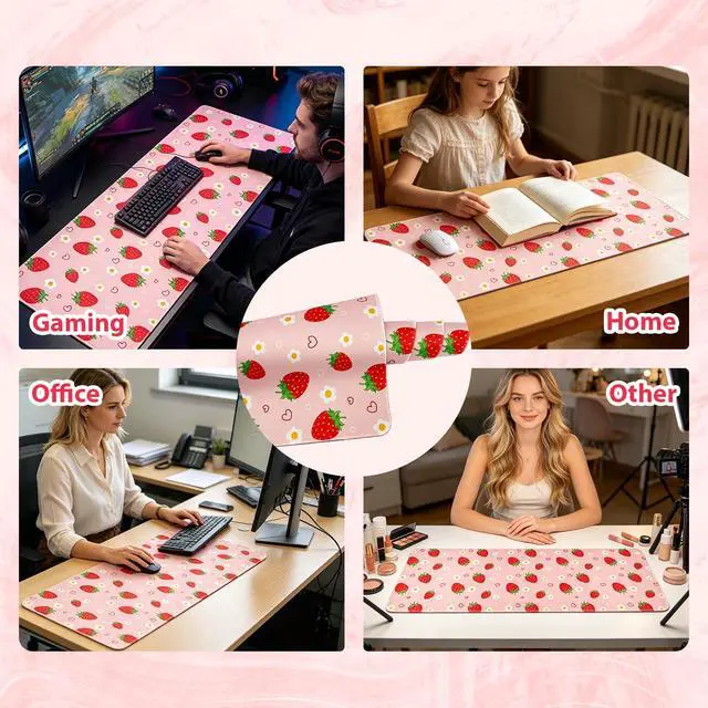 Alt view image 6 of 6 - Pink Mouse Pad, Large Strawberry Desk Mat, Gaming Keyboard and Mouse Pad Non-Slip Rubber Base, Stitched Edge, Cute Girly Office Supplies Desk Accessories Decor for Women 31.5 x 11.8in