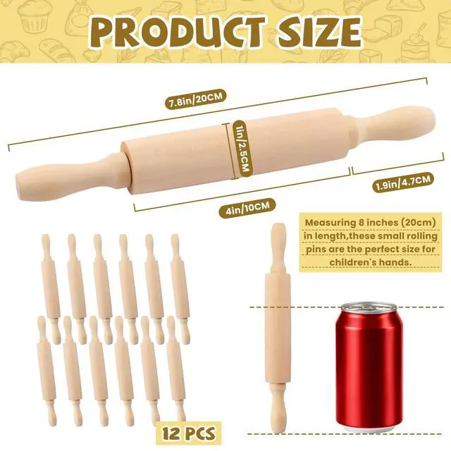 Alt view image 2 of 7 - 12 Pack 8 Inch Mini Wood Rolling Pin,Great for Children Kids Girls and Boys,Small Wooden Rollers for Art and Crafting,Baking,Cookie Dough,Cooking,Clay,Play Doh
