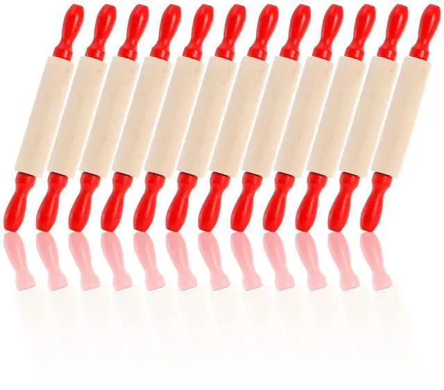 Main image of Set of 12 Mini Rolling Pin, 8 Inch Wood Dough Roller for Baking with Red Handle, Small Clay Rolling Pin for Craft Fondant Pastry Pizza Crafting and Imaginative Play