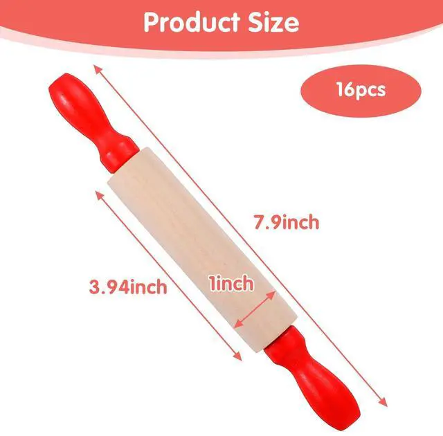 Alt view image 2 of 7 - 16 Pcs Mini Rolling Pin, 8 Inch Wood Dough Roller for Baking with Red Handle, Small Clay Rolling Pin for Craft Fondant Pastry Pizza Crafting and Imaginative Play
