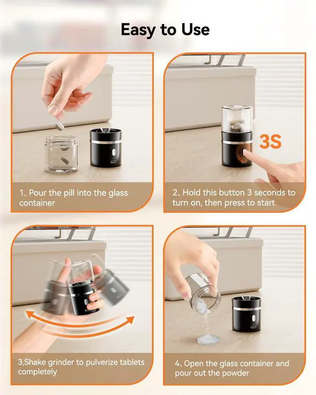 Alt view image 7 of 7 - Electric Pill Crusher, Portable Cordless Pill Crusher Fine Powder for Travel, Easily Crush Small and Large Pills & Vitamins for Elderly, Pets (Black)