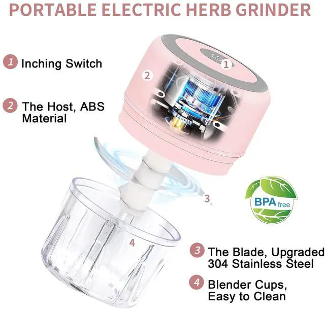 Alt view image 3 of 7 - Electric Herb Grinder - 3.5 Inch Large Grinders for Grinding Dry Fresh Herbs and Spice with Clear Chamber, Portable USB Charge Herb Grinder, Including Clean Brush and Tweezers, Gift Box, Pink