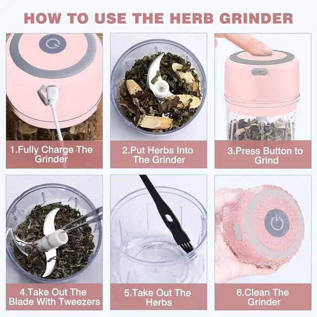 Alt view image 6 of 7 - Electric Herb Grinder - 3.5 Inch Large Grinders for Grinding Dry Fresh Herbs and Spice with Clear Chamber, Portable USB Charge Herb Grinder, Including Clean Brush and Tweezers, Gift Box, Pink