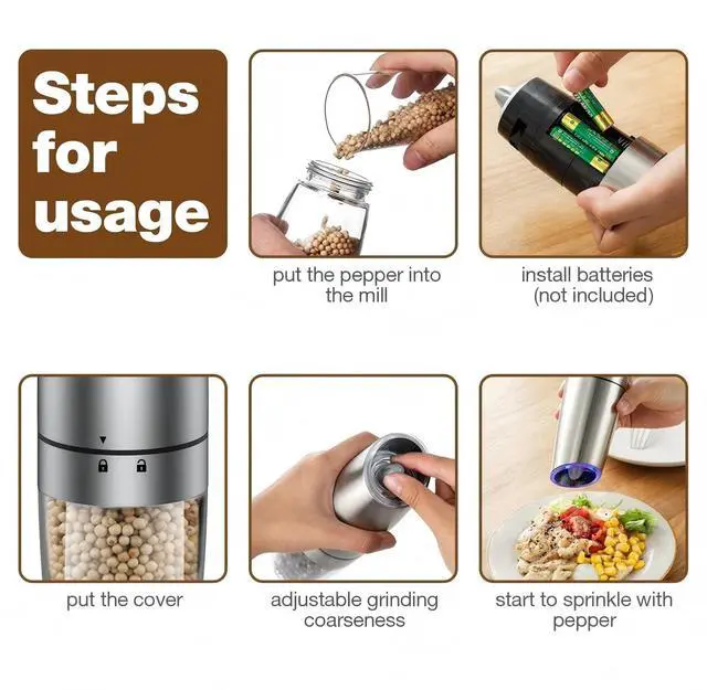 Alt view image 3 of 6 - Automatic Gravity Electric Pepper and Salt Grinder, Adjustable Coarseness