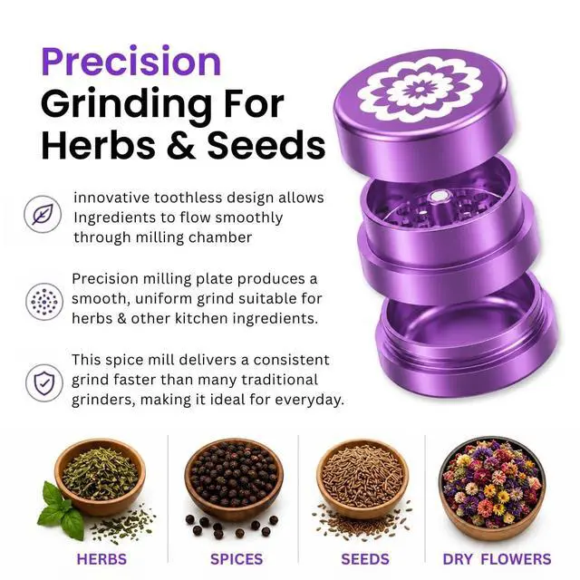 Alt view image 3 of 6 - Next Gen Standard 2.0'' Herb Grinder - Large 3 Piece Manual Hand Spice Grinder Crusher for Dry Herbs & Seeds - Heavy Duty 6061-T6 Aluminum, Toothless Grinder (Purple - 2.0'')