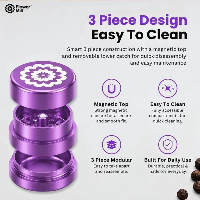 Alt view image 6 of 6 - Next Gen Standard 2.0'' Herb Grinder - Large 3 Piece Manual Hand Spice Grinder Crusher for Dry Herbs & Seeds - Heavy Duty 6061-T6 Aluminum, Toothless Grinder (Purple - 2.0'')