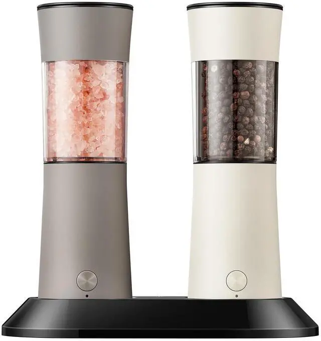 Main image of Electric Salt and Pepper Grinder Set, Stainless Steel Automatic Pepper Mill, Rechargeable with USB-C Charging Base, Gravity Activated One-Handed Operation, Dual LED Light, 2 Pack