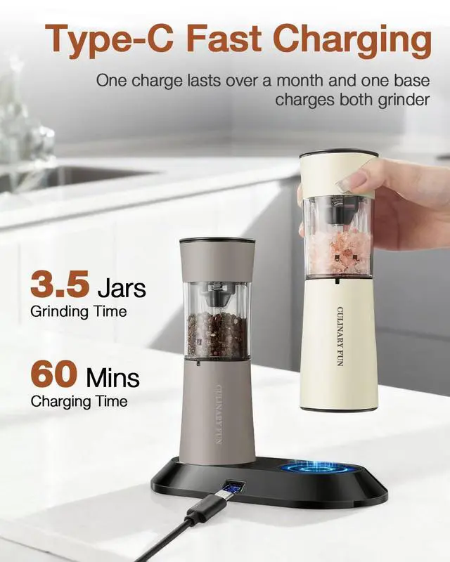 Alt view image 3 of 7 - Electric Salt and Pepper Grinder Set, Stainless Steel Automatic Pepper Mill, Rechargeable with USB-C Charging Base, Gravity Activated One-Handed Operation, Dual LED Light, 2 Pack