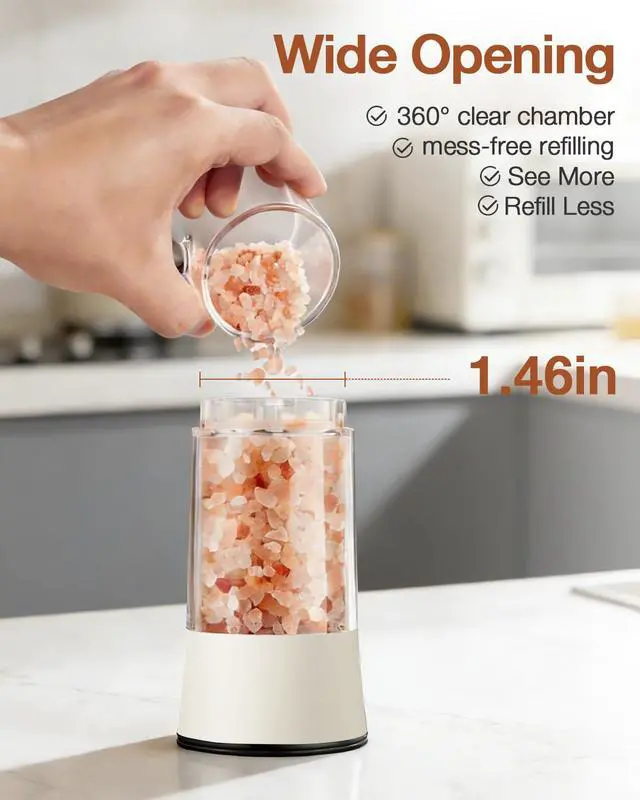 Alt view image 4 of 7 - Electric Salt and Pepper Grinder Set, Stainless Steel Automatic Pepper Mill, Rechargeable with USB-C Charging Base, Gravity Activated One-Handed Operation, Dual LED Light, 2 Pack