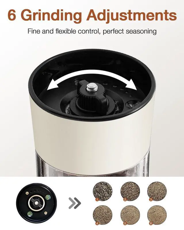 Alt view image 5 of 7 - Electric Salt and Pepper Grinder Set, Stainless Steel Automatic Pepper Mill, Rechargeable with USB-C Charging Base, Gravity Activated One-Handed Operation, Dual LED Light, 2 Pack