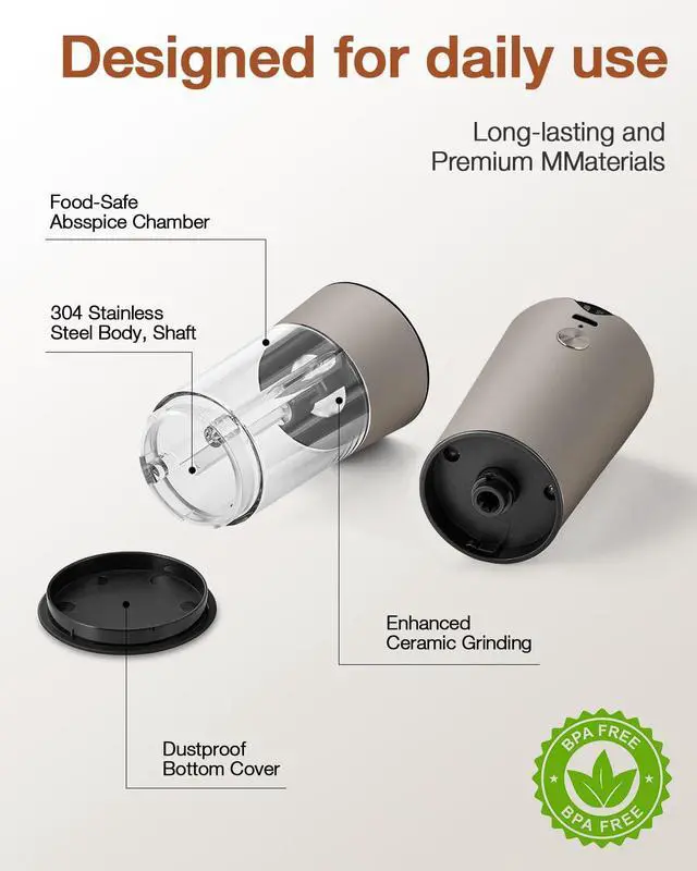 Alt view image 6 of 7 - Electric Salt and Pepper Grinder Set, Stainless Steel Automatic Pepper Mill, Rechargeable with USB-C Charging Base, Gravity Activated One-Handed Operation, Dual LED Light, 2 Pack