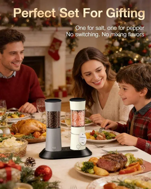 Alt view image 7 of 7 - Electric Salt and Pepper Grinder Set, Stainless Steel Automatic Pepper Mill, Rechargeable with USB-C Charging Base, Gravity Activated One-Handed Operation, Dual LED Light, 2 Pack