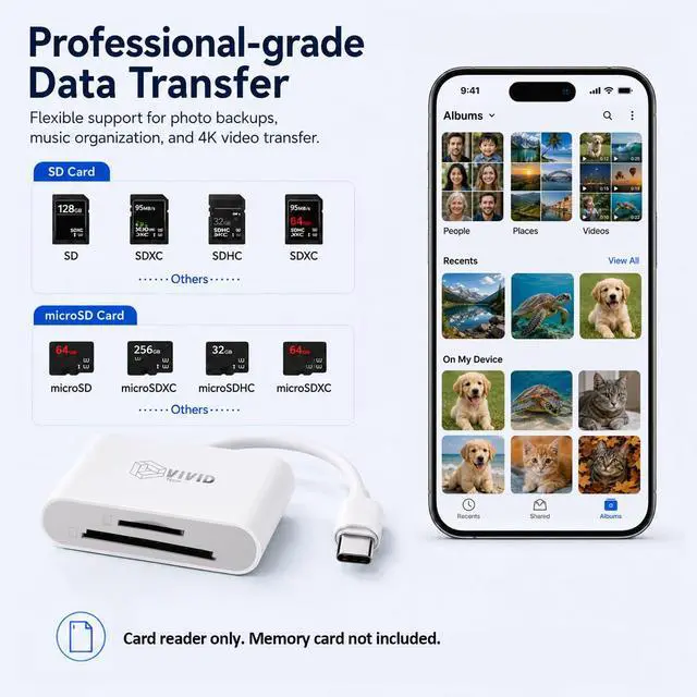 Alt view image 2 of 7 - SD Card Reader for iPhone17/16/15 Pro Max/iPad/MacBook, Android Phones