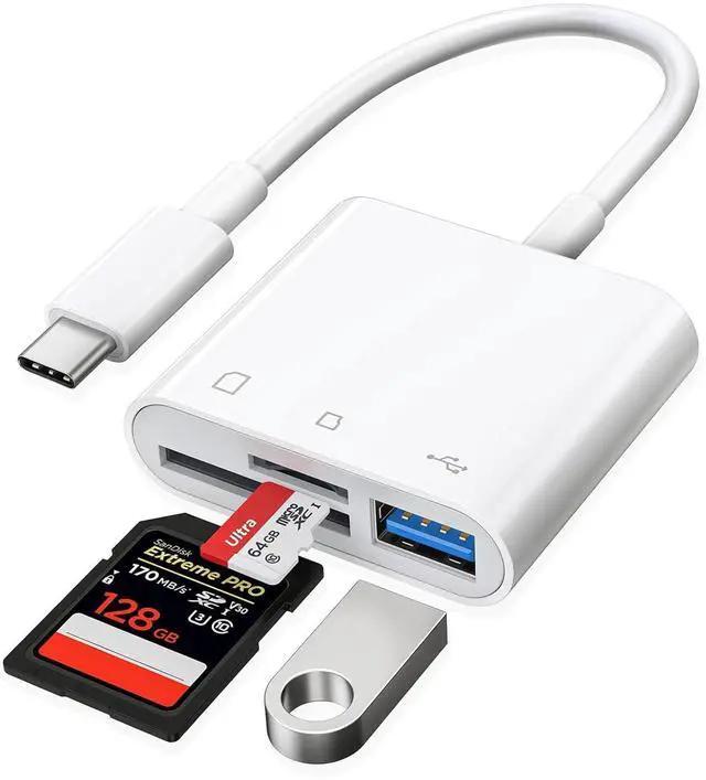 Main image of USB C to SD Card Reader, Raycue SD Card Adapter with SD MicroSD USB 3 Ports, USBC Memory Card Reader for iPhone 15 16 17, iPad, Mac, MacBook Pro/Air, Android and More USB-C/Type C Devices