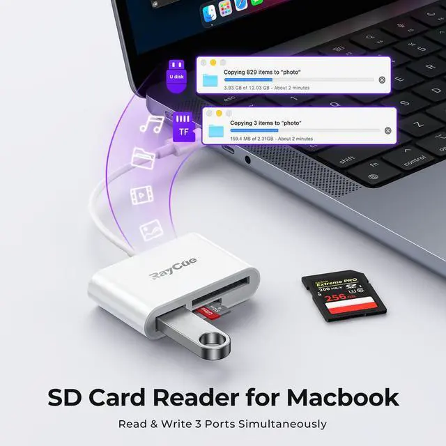 Alt view image 3 of 7 - USB C to SD Card Reader, Raycue SD Card Adapter with SD MicroSD USB 3 Ports, USBC Memory Card Reader for iPhone 15 16 17, iPad, Mac, MacBook Pro/Air, Android and More USB-C/Type C Devices
