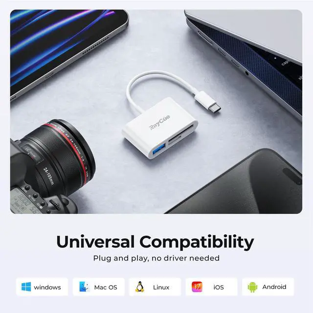 Alt view image 5 of 7 - USB C to SD Card Reader, Raycue SD Card Adapter with SD MicroSD USB 3 Ports, USBC Memory Card Reader for iPhone 15 16 17, iPad, Mac, MacBook Pro/Air, Android and More USB-C/Type C Devices