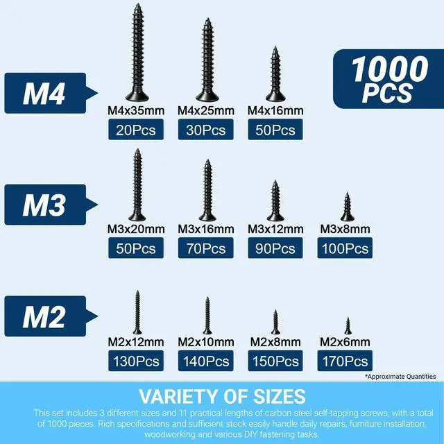 Alt view image 3 of 6 - 1000-Piece High Hardness Wood Screw Assortment Kit, M2 M3 M4 Phillips Flat Head Self-Tapping Screws, 11 Sizes (6-35mm), for Wood, Drywall, Furniture & DIY