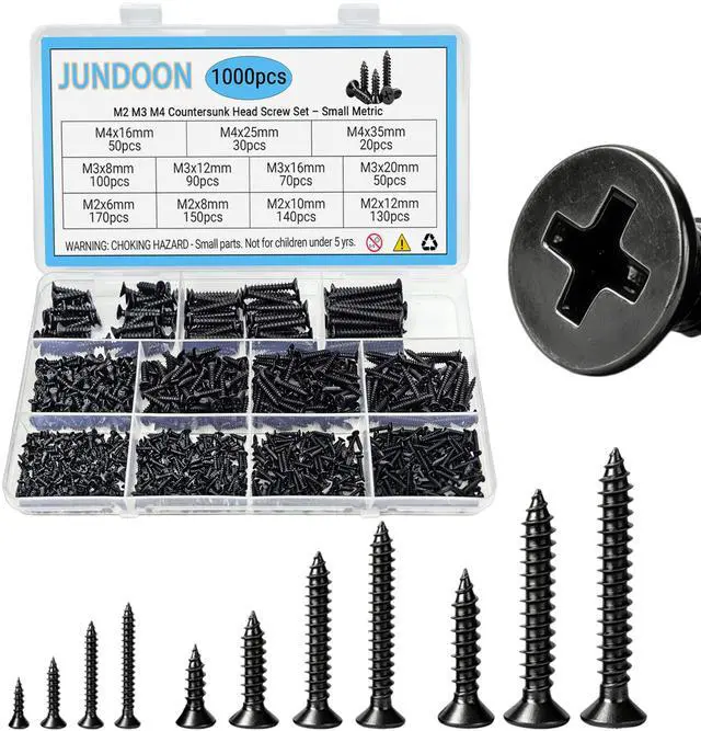 Main image of 1000-Piece High Hardness Wood Screw Assortment Kit, M2 M3 M4 Phillips Flat Head Self-Tapping Screws, 11 Sizes (6-35mm), for Wood, Drywall, Furniture & DIY