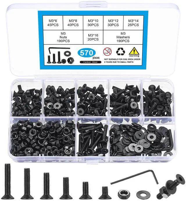 Main image of 570 Pcs M3 Metric Screw Assortment, Flat Head Machine Screw Assortment Kit, Countersunk Hex Socket Cap Screws Set with Washers, Countersunk Bolts and Nuts Set with Wrench(Black)