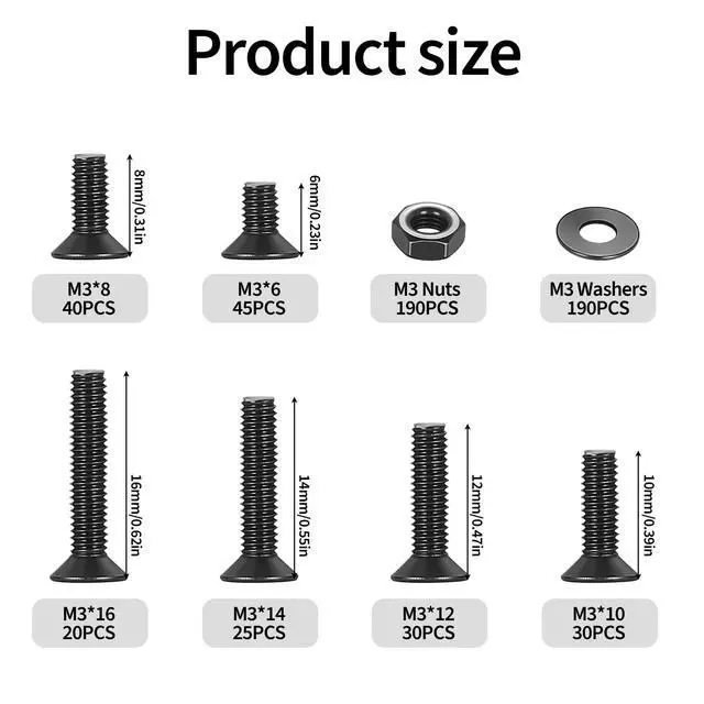 Alt view image 2 of 7 - 570 Pcs M3 Metric Screw Assortment, Flat Head Machine Screw Assortment Kit, Countersunk Hex Socket Cap Screws Set with Washers, Countersunk Bolts and Nuts Set with Wrench(Black)