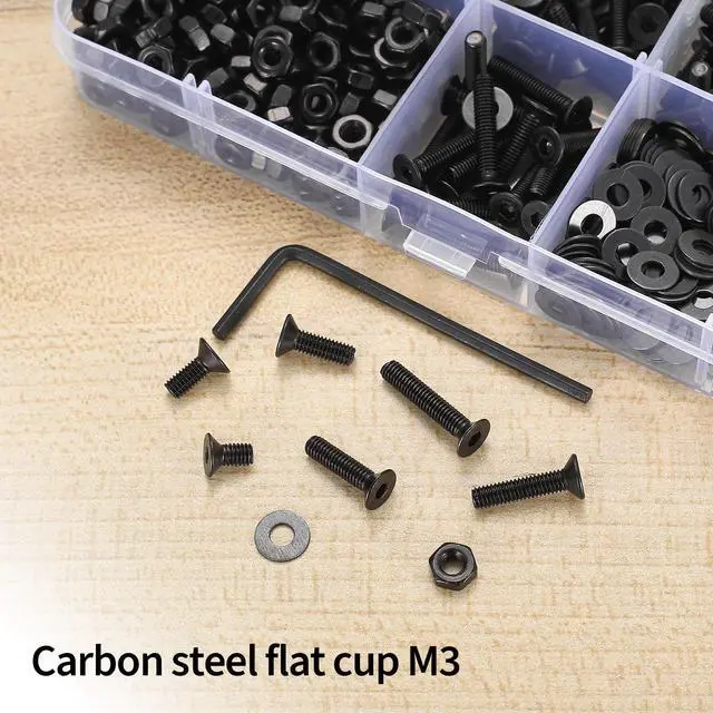 Alt view image 4 of 7 - 570 Pcs M3 Metric Screw Assortment, Flat Head Machine Screw Assortment Kit, Countersunk Hex Socket Cap Screws Set with Washers, Countersunk Bolts and Nuts Set with Wrench(Black)