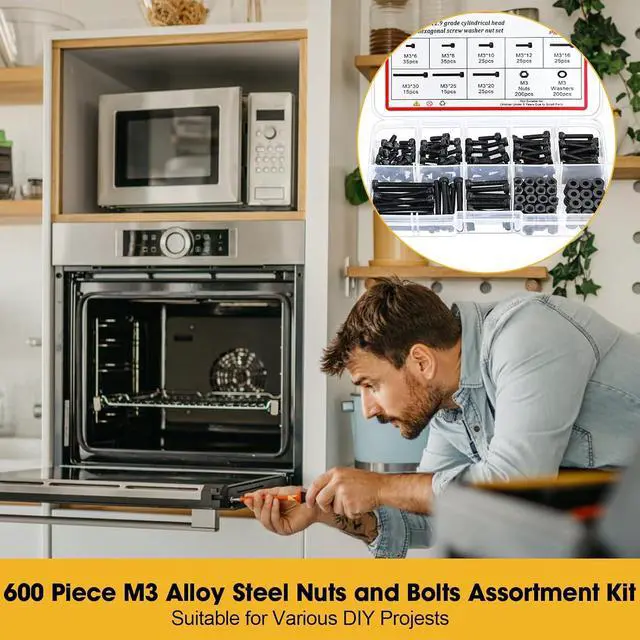 Alt view image 5 of 6 - 600 Pcs M3 Screws Assortment Kit, Black Alloy Steel M3x 6/8/10/12/16/20/25/30mm Screw Kits with 12.9 Alloy Steel Nuts, Bolts & Washers Hex Socket Head Screws Assortment Set