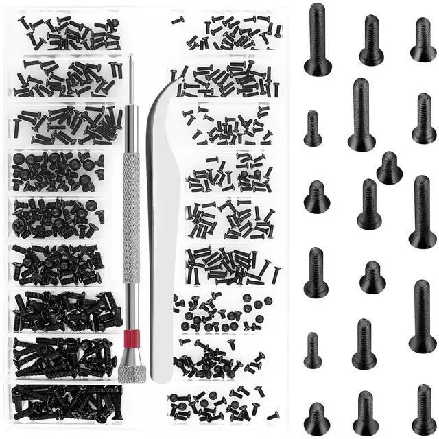 Main image of 500PCS Tiny Screws,Micro Glasses Screws Repair Kit,M1.2/M1.4/M2 with Tweezers,Glasses Laptop Assortment Repair Kit with Screwdriver,for Electronics Hard Drive Watches Jewelry (Black)