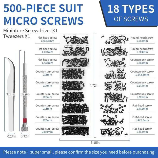 Alt view image 7 of 7 - 500PCS Tiny Screws,Micro Glasses Screws Repair Kit,M1.2/M1.4/M2 with Tweezers,Glasses Laptop Assortment Repair Kit with Screwdriver,for Electronics Hard Drive Watches Jewelry (Black)