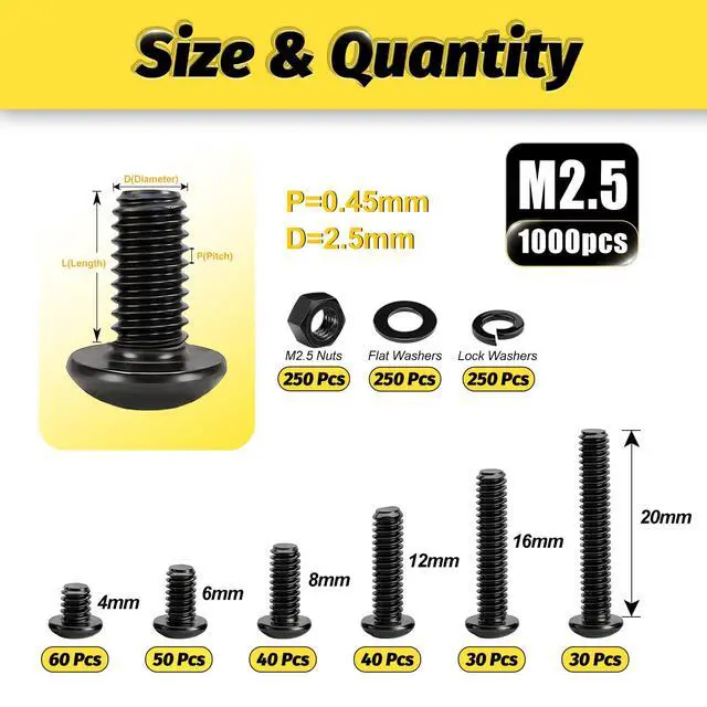 Alt view image 2 of 7 - 1000PCS M2.5 Screw Kit,Hex Socket Button Head Screw,Length 4MM-20MM