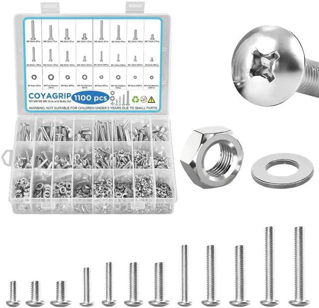 Main image of 1100PCS Nuts and Bolts Assortment Kit, M3 M4 M5 M6 Phillips Head Machine Screws Assorted Set with Storage Case, Metric Bolts Nuts and Flat Washers Kit