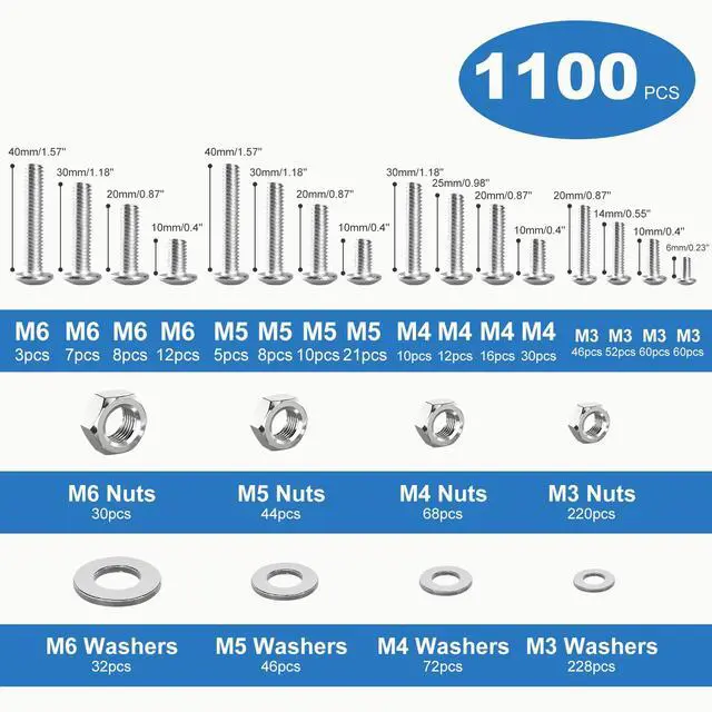 Alt view image 2 of 7 - 1100PCS Nuts and Bolts Assortment Kit, M3 M4 M5 M6 Phillips Head Machine Screws Assorted Set with Storage Case, Metric Bolts Nuts and Flat Washers Kit