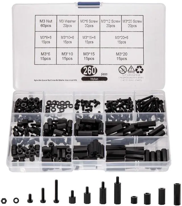 Main image of 260 Pcs M3 Male Female Nylon Hex Spacer Standoffs Screws Nuts, Nylon Hex Threaded Pillar Spacer Standoffs Screws Nuts Assortment Kit for PCB Motherboard Circuit Board - Black