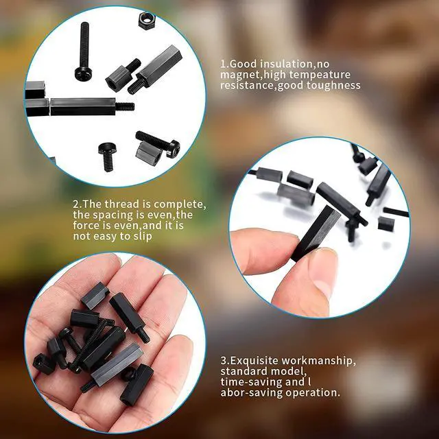 Alt view image 6 of 7 - 260 Pcs M3 Male Female Nylon Hex Spacer Standoffs Screws Nuts, Nylon Hex Threaded Pillar Spacer Standoffs Screws Nuts Assortment Kit for PCB Motherboard Circuit Board - Black