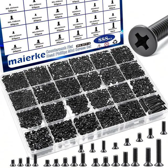 Main image of 24Sizes 888Pcs Tiny Micro Laptop Computer Screw Kit M1.4/M1.7/M2/M2.5/M3/M4 Countersunk Flat Head Phillips Mini Repair Screws Set for Machinery, Furniture, Automotive, Motorcycle