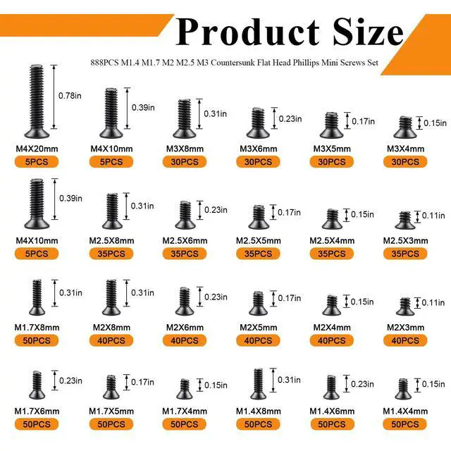 Alt view image 2 of 6 - 24Sizes 888Pcs Tiny Micro Laptop Computer Screw Kit M1.4/M1.7/M2/M2.5/M3/M4 Countersunk Flat Head Phillips Mini Repair Screws Set for Machinery, Furniture, Automotive, Motorcycle