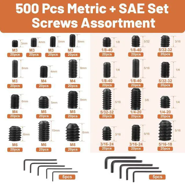 Alt view image 2 of 7 - 500 Pcs 25 Size Set Screws Metric&SAE Set Screw Assortment Kit 12.9 Alloy Steel Head Socket Metric Set Screws for Bathroom Fixtures Door Handles(M3-M8, 1/8"-40 to 5/16"-18)