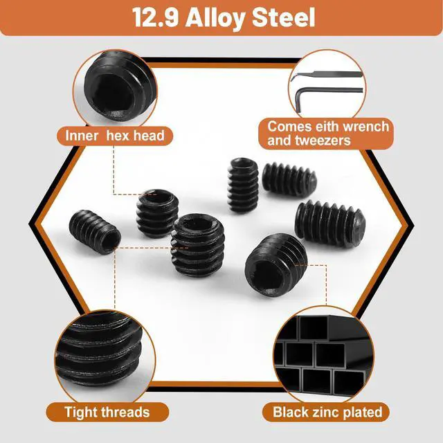 Alt view image 3 of 7 - 500 Pcs 25 Size Set Screws Metric&SAE Set Screw Assortment Kit 12.9 Alloy Steel Head Socket Metric Set Screws for Bathroom Fixtures Door Handles(M3-M8, 1/8"-40 to 5/16"-18)