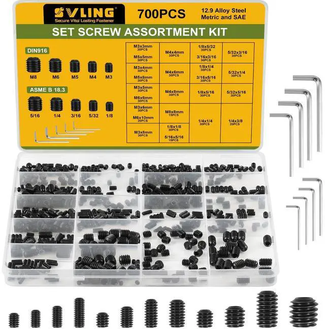 Main image of Set Screw Assortment Kit 700PCS, 25 Sizes Metric and SAE Set Screws M3 M4 M5 M6 M8 1/8" 5/32" 3/16" 1/4" 5/16" Socket Screw Kit 12.9 Alloy Steel for Bathroom Fixtures Door Handles