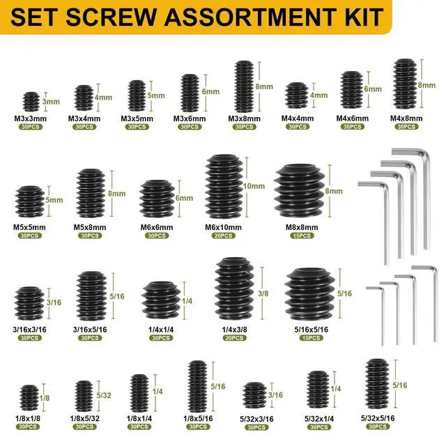 Alt view image 4 of 6 - Set Screw Assortment Kit 700PCS, 25 Sizes Metric and SAE Set Screws M3 M4 M5 M6 M8 1/8" 5/32" 3/16" 1/4" 5/16" Socket Screw Kit 12.9 Alloy Steel for Bathroom Fixtures Door Handles