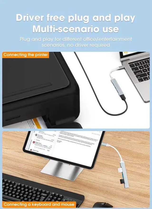 Alt view image 7 of 7 - USB C to USB Hub Adapter, 4 Port (1 USB 3.0 + 3 USB 2.0), 5Gbps High Speed Data, Slim Aluminum Type C Hub for MacBook & USB-C Laptops (Silver)