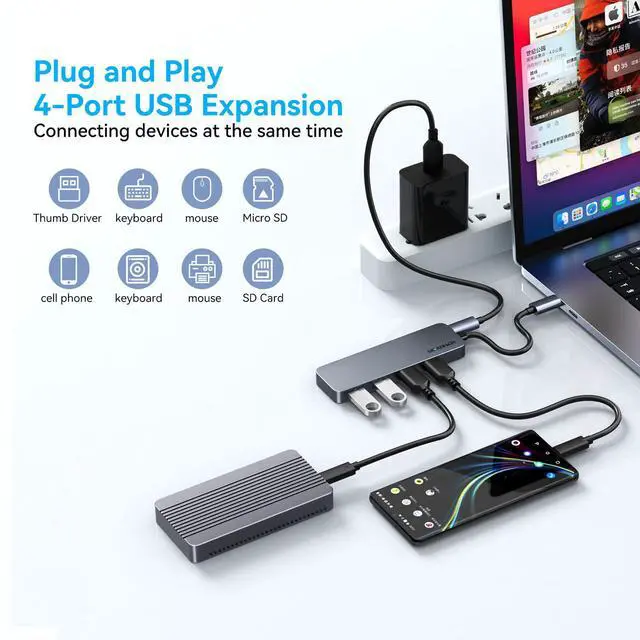 Alt view image 2 of 6 - USB C Hub 4 Port USB 3.0 Hub for Laptop USB 2.0 Port Expander Multi Splitter for Computer Type C Dongle for MacBook Mac Air iPad PC Flash Drive Mobile HDD