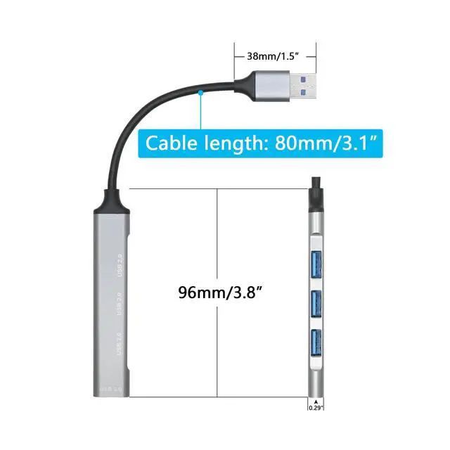 Alt view image 7 of 7 - 4 Port USB Hub with 3inch Cable, Supports USB 2.0/3.0 Aluminum Alloy Casing