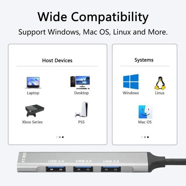 Alt view image 5 of 7 - 4 Port USB Hub with 3inch Cable, Supports USB 2.0/3.0 Aluminum Alloy Casing