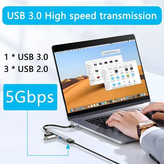 Alt view image 3 of 7 - 4 Port USB Hub with 3inch Cable, Supports USB 2.0/3.0 Aluminum Alloy Casing