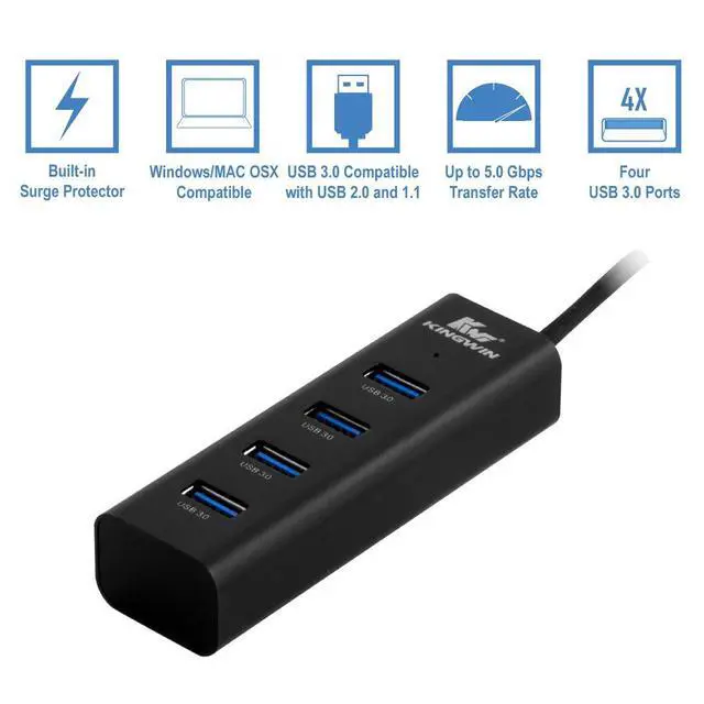 Alt view image 3 of 6 - USB Hub 4 Port USB 3.0 Data Hub Aluminum for Mobile SSD, MacBook, Mac Pro/Mini, iMac, Chromebook, Surface Pro, USB Flash Drives, Notebook PC, XPS, and More (KWZ-400-BK)