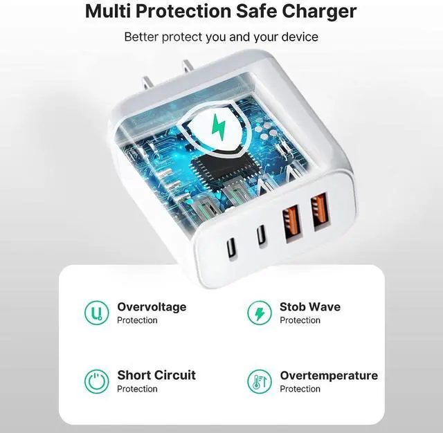 Alt view image 4 of 7 - USB C Charger Block, 4-Port Fast Charging Block with Type C Cable Cord Wall Chargers Plug Compatible with iPhone 17/16/16 Plus/16 Pro/16 Pro Max/15/15 Plus/15 Pro/15 Pro Max